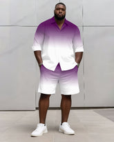 Big & Tall Men's Business Simple Gradient Contrast 2 Color Choice Long Sleeve Shirt Shorts Set