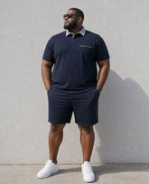 Big & Tall Men's Simple Daily Leisure Business Holiday Party Dating Tibetan Blue POLO Shirt Short Sleeve Shorts Set
