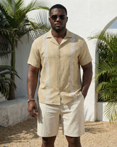 Big & Tall Men's Simple Khaki Short-sleeved Shirt And Shorts Set For Spring And Summer Vacation