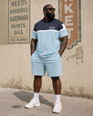 Big & Tall Men's Blue Contrast Color Simple Business Casual POLO Shirt Short Sleeve Shorts Set