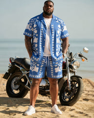 Big & Tall Men's Hawaiian Baroque Floral Symmetrical Print Cardigan Short Sleeve Shirt Shorts Set