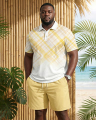 Big & Tall Men's Yellow Gradient Plaid Holiday Leisure POLO Shirt Short Sleeve Shorts Set