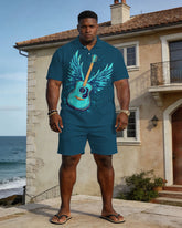 Large Size Men's Spring And Summer Casual Vacation Business Party Blue Music Pattern Short Sleeve Polo Shirt Shorts Set
