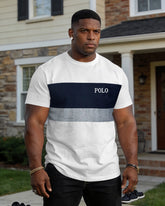 Men's Large Size Spring And Summer Casual Loose Comfortable Simple White & Flower Grey & Royal Blue Contrast Color Stitching Simple Slogan Printed Short Sleeve T-Shirt