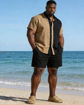 Large Size Men's Khaki & Black Simple Contrast Print Casual Business Holiday Short Sleeve Shirt And Shorts Set