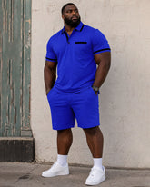 Big & Tall Men's Daily Travel Holiday Neck Stitching POLO Shirt Short Sleeve Shorts Set
