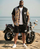 Big & Tall Men's Ethnic Pattern Vacation Leisure Hawaiian Black Short Sleeve Cardigan Shirt Shorts Set