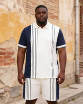 Big & Tall Men's Dark Blue & White Striped Polo Shirt Short Sleeve Shorts Set