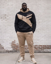 Men's Plus Size Autumn And Winter Warm Khaki & Black Irregular Geometric Patchwork Printed Hoodie Sweatpants Set