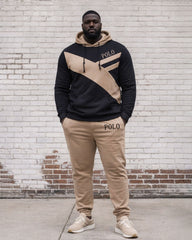 Men's Plus Size Autumn And Winter Warm Khaki & Black Irregular Geometric Patchwork Printed Hoodie Sweatpants Set
