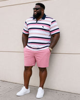 Big & Tall Men's Pink Striped Chest Small Label Printed Daily Travel Casual POLO Shirt Short Sleeve Shorts Set