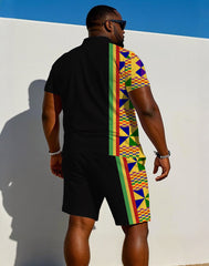 Big & Tall Men' African Kent Cloth Stitching BLACK Printed Short Sleeve POLO Shirt Shorts Set