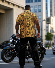 Big & Tall Men's Gold Baroque Short Sleeve Shirt Pants Set