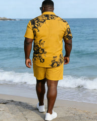 Large Size Men's Yellow Baroque Style Holiday Short Sleeve Shirt Shorts Set