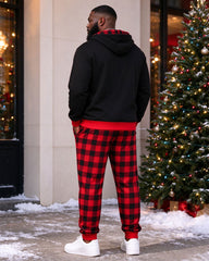 Large Size Men's Autumn And Winter Warm Red Christmas Plaid Stitching Chest Large Printed Hoodie Sweatpants Set