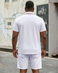 Big & Tall Men's Simple Business Casual White Short-sleeved Polo Shirt Shorts Set
