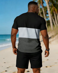 Big & Tall Men's Simple Black & Grey Contrast Stitching Short Sleeve T-Shirt Shorts Set