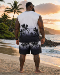 Big & Tall Men's Black & White Gradient Plant Silhouette Print Scene Vest Shorts Set