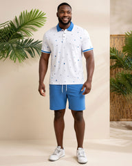 Big & Tall Men's Summer Vacation White Sailing & Blue Polo Shirt Short Sleeve Shorts Set