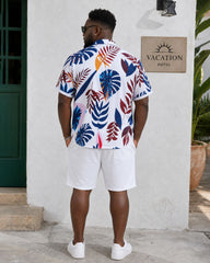 Big & Tall Men's Hawaiian Classic Floral Shirt Big Leaf Floral Print Short Sleeve Button-Up Shirt Shorts Set