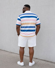 Big & Tall Men's Summer Casual Blue Striped With White Shorts POLO Shirt Short Sleeve Shorts Set