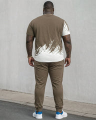Big & Tall Men's Khaki * White Splash Ink Design Chest Small Label Letter Print Short Sleeve T-Shirt Pants Set