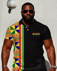 Big & Tall Men' African Kent Cloth Stitching BLACK Printed Short Sleeve POLO Shirt Shorts Set