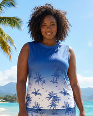 Hawaii Vacation Seaside Daily Casual Blue & White Gradient Coconut Tree Silhouette Women Tank Top Shorts Set