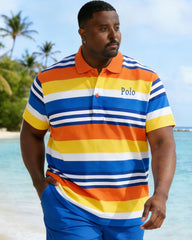 Large Size Men's Striped Short-sleeved Polo Shirt And Shorts Set