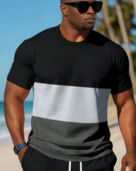 Big & Tall Men's Simple Black & Grey Contrast Stitching Short Sleeve T-Shirt Shorts Set