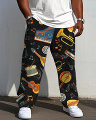 Big & Tall Men's Music Print Black Loose Knit Trousers