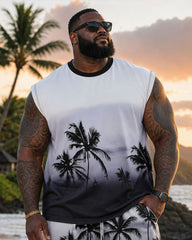 Big & Tall Men's Black & White Gradient Plant Silhouette Print Scene Vest Shorts Set