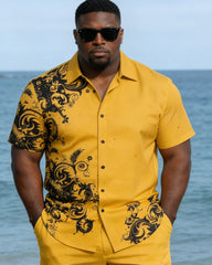 Large Size Men's Yellow Baroque Style Holiday Short Sleeve Shirt Shorts Set