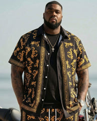 Big & Tall Men's Luxury Baroque Pattern Gold 7 Black Short Sleeve Cardigan Shirt Shorts Set