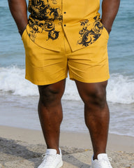 Large Size Men's Yellow Baroque Style Holiday Short Sleeve Shirt Shorts Set