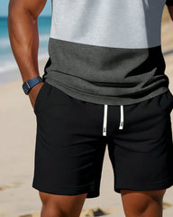 Big & Tall Men's Simple Black & Grey Contrast Stitching Short Sleeve T-Shirt Shorts Set