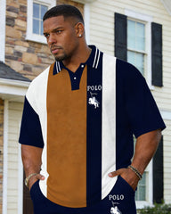 Large Size Men's Spring And Summer Leisure Vacation Dark Treasure Blue Contrast Stitching Chest Small Label Printed Party Dating Valentine's Day Short Sleeve POLO Shirt Shorts Set