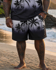 Big & Tall Men's Black & White Gradient Plant Silhouette Print Scene Vest Shorts Set