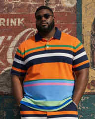 Big & Tall Men's Rainbow Contrast Striped Polo Shirt Short Sleeve Shorts Set