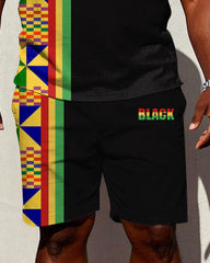 Big & Tall Men' African Kent Cloth Stitching BLACK Printed Short Sleeve POLO Shirt Shorts Set