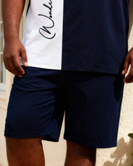 Big & Tall Men's Simple Casual Royal Blue & White Beautiful Slogan Side Printed POLO Shirt Shorts Set
