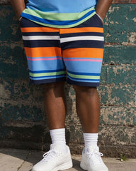 Big & Tall Men's Rainbow Contrast Striped Polo Shirt Short Sleeve Shorts Set