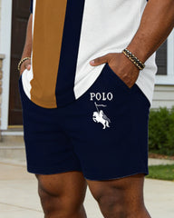 Large Size Men's Spring And Summer Leisure Vacation Dark Treasure Blue Contrast Stitching Chest Small Label Printed Party Dating Valentine's Day Short Sleeve POLO Shirt Shorts Set