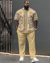 Big Guys Elegant Classic Geometric Short Sleeve Shirt Shorts Set