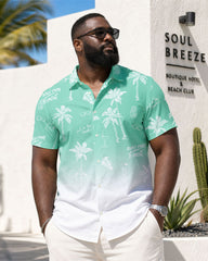 Big & Tall Men's Hawaiian Green Gradient Plant Print Short Sleeve Button-Up Shirt