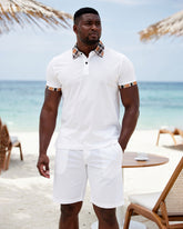 Big & Tall Men's Holiday Leisure Hawaii Neck Features Spliced Khaki Plaid POLO Shirt Short Sleeve White Suit