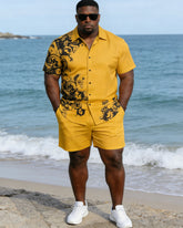Large Size Men's Yellow Baroque Style Holiday Short Sleeve Shirt Shorts Set