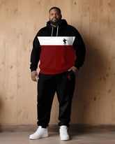 Large Size Men's Autumn And Winter Warm Cold-proof Gentleman Red & Black & White Chest Pony Kangaroo Large Pocket Hoodie Sweatpants Set
