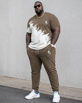 Big & Tall Men's Khaki * White Splash Ink Design Chest Small Label Letter Print Short Sleeve T-Shirt Pants Set