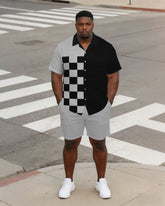 Men's Plus Size Checker & Black Contrast Short Sleeve Shirt Shorts Set